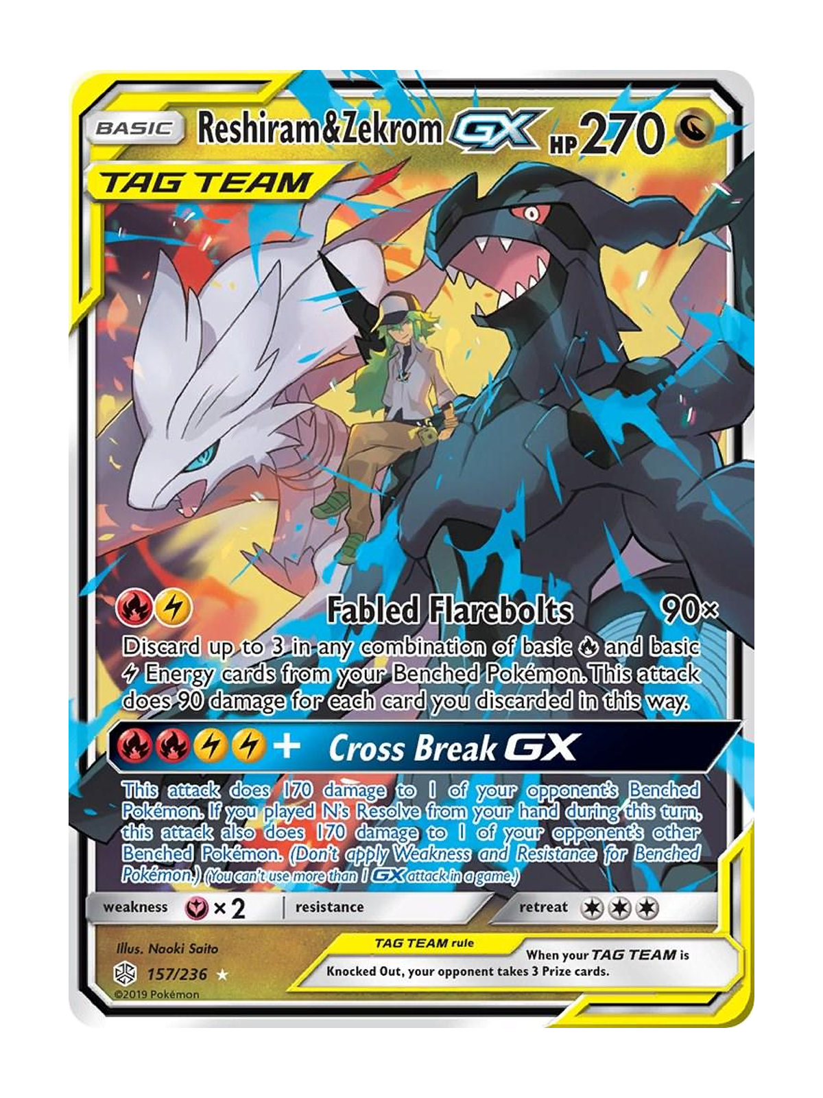 Reshiram & Zekrom GX 157/236 — Cosmic Eclipse (CEC) | English | Raw | Rare Holo GX