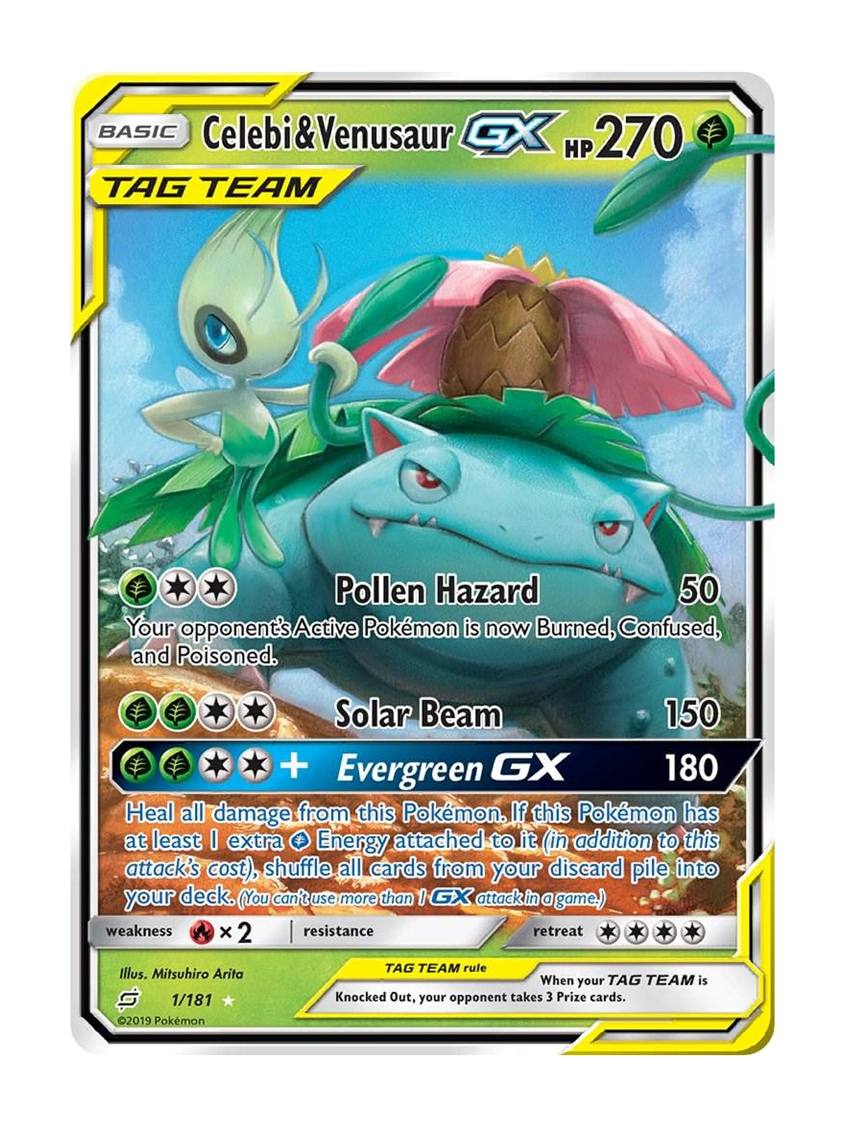 Celebi & Venusaur GX 1/181 — Team Up (TEU) | English | Raw | Rare Holo GX