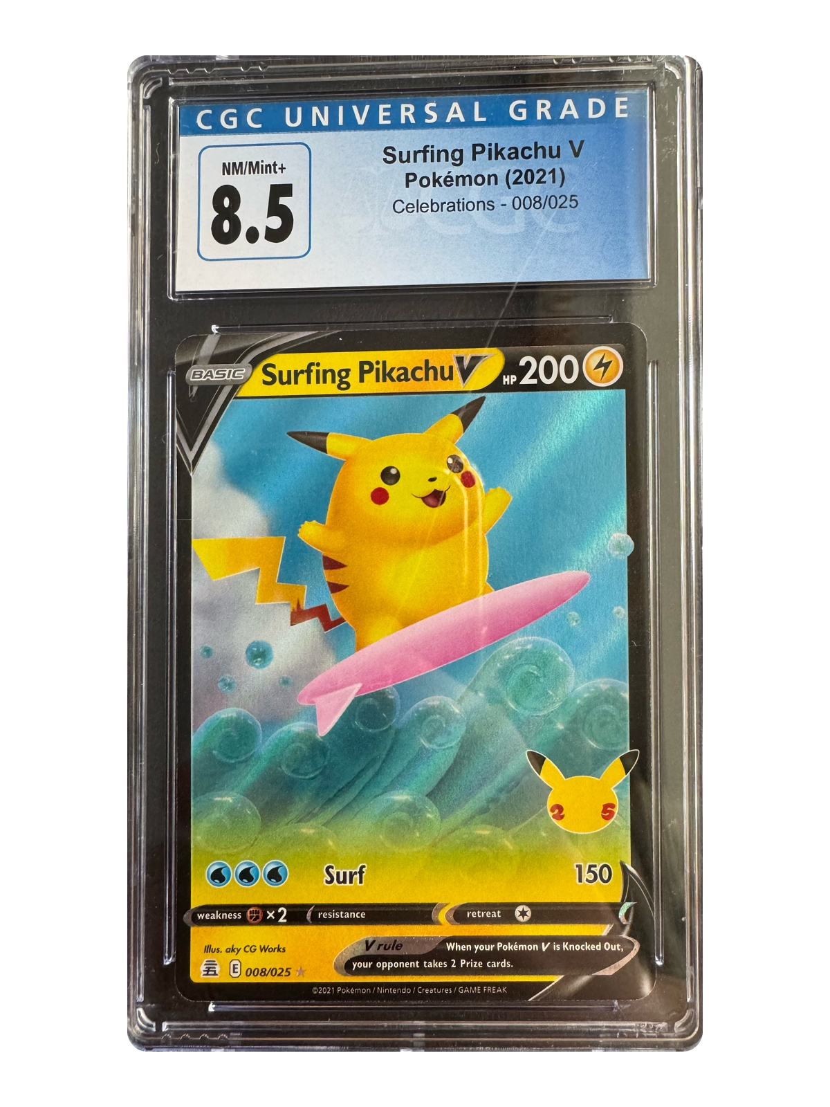 Surfing Pikachu V 008 — Celebrations (CEL) | CGC 8.5 | English | Rare Holo V