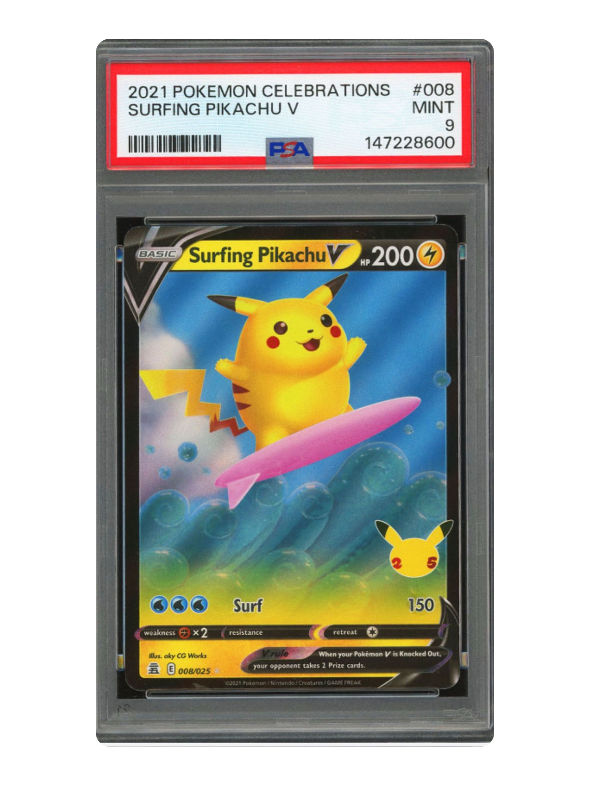 Surfing Pikachu V 008 — Celebrations (CEL) | PSA 9 | English | Rare Holo V