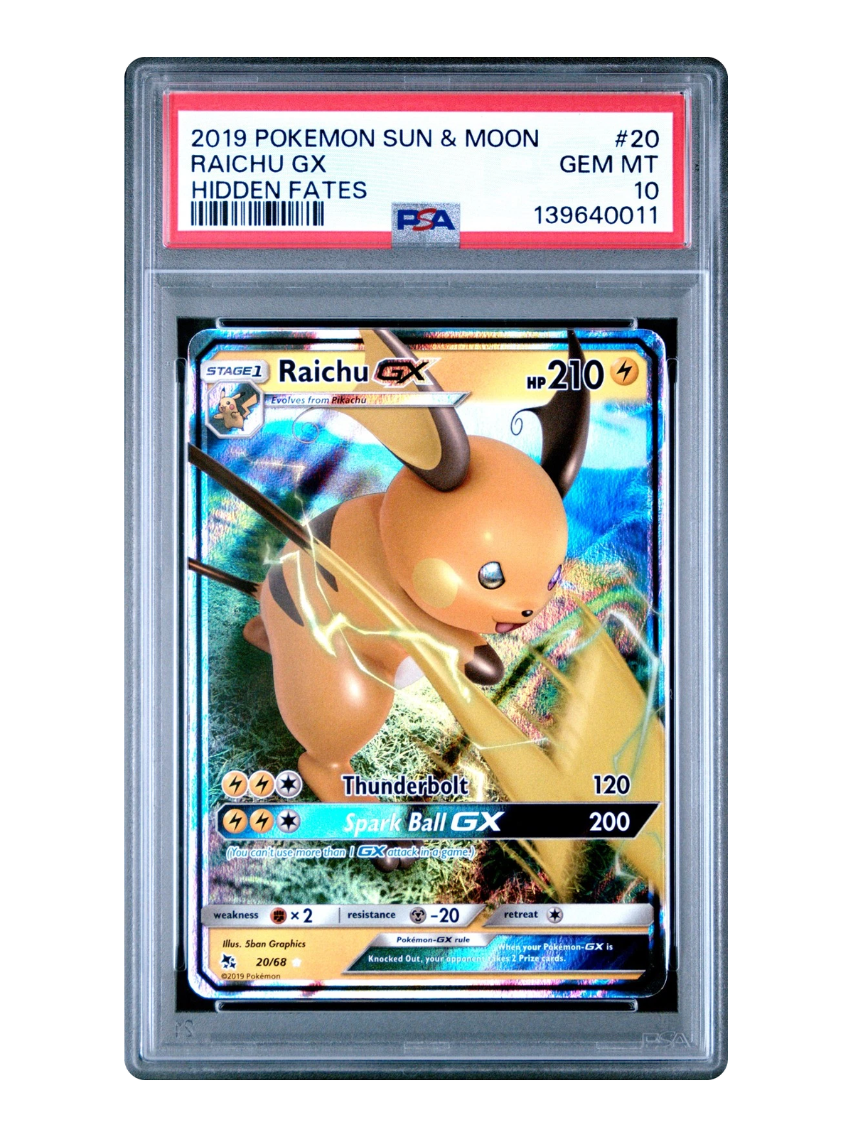 Raichu GX 20/68 — Hidden Fates (HIF) | PSA 10 | English | Rare Holo GX
